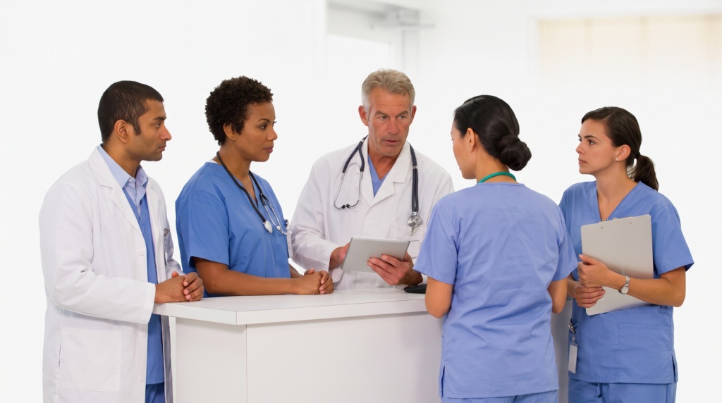 Hospital operations leader viewing real-time internal shift coverage on a dashboard